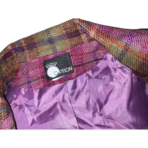 Vintage First Option Womens Plaid Tweed Blend Frayed Blazer Jacket With Button C - Picture 3 of 11